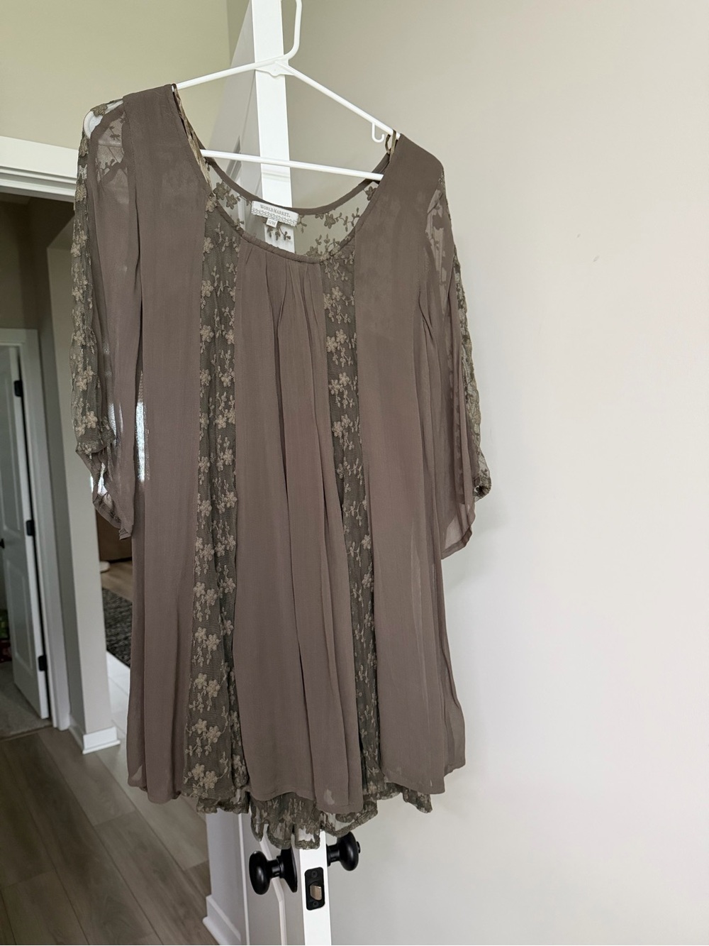 Cost Plus World Market Taupe Lace-Panel Long Sleeve Dress